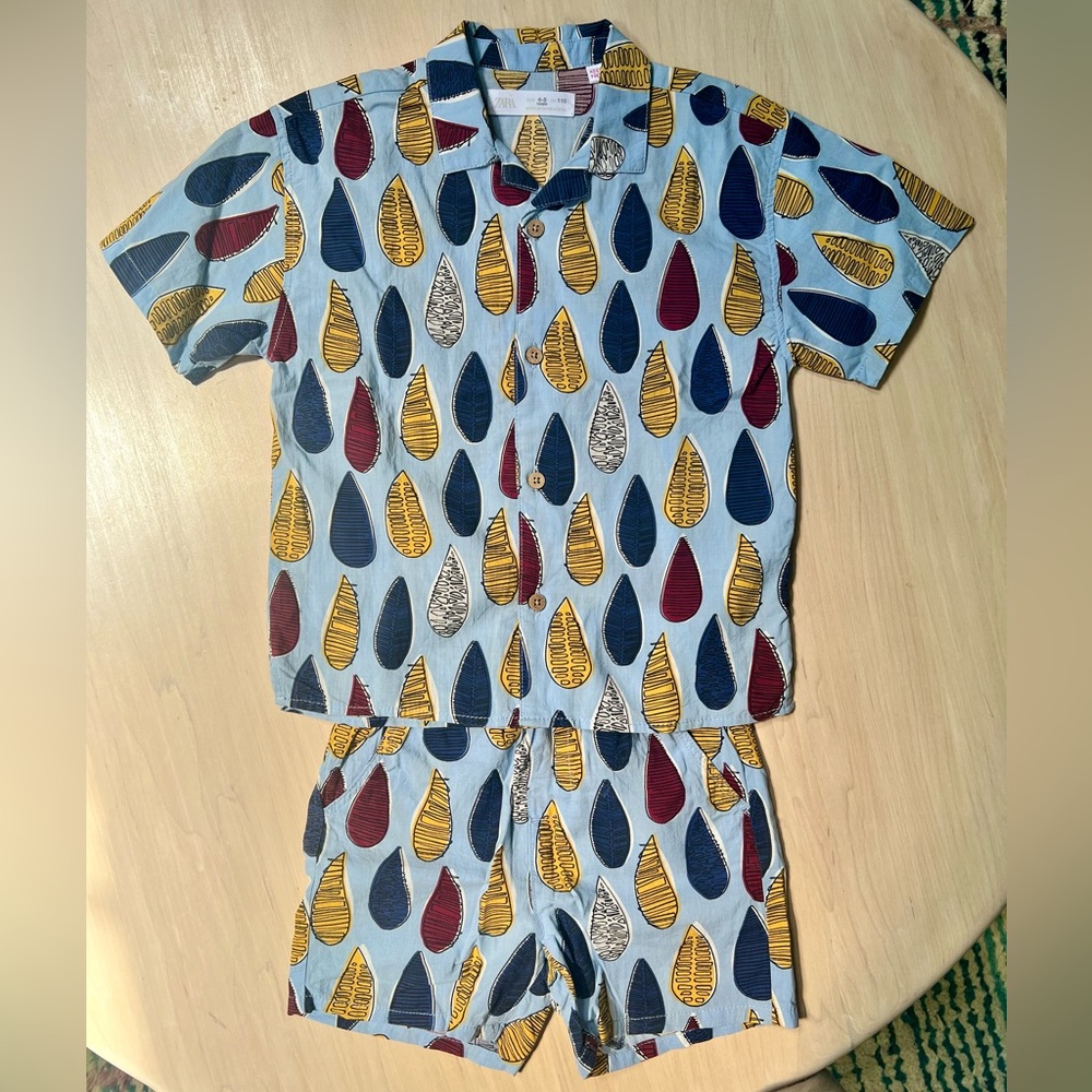 Zara kids abstract print shirt & short set, size 4-5 years